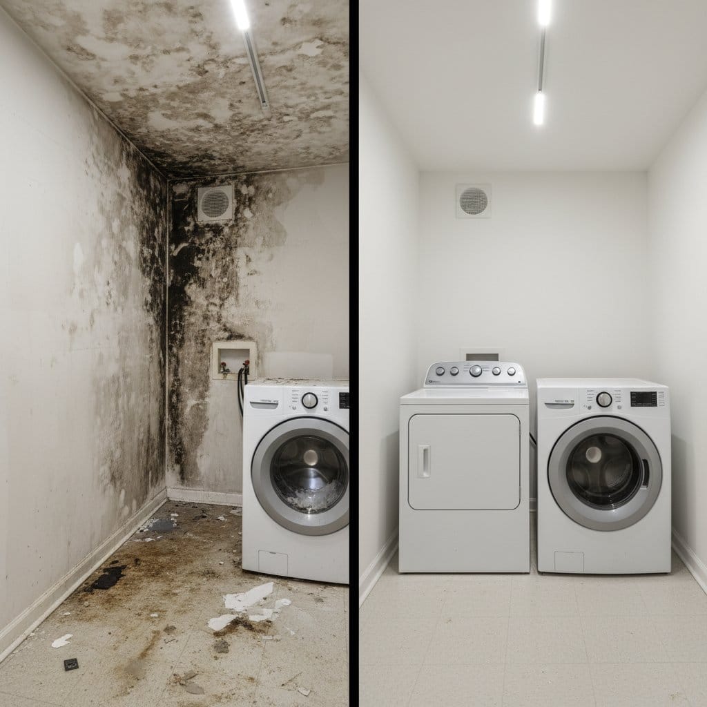 Black Mold Removal restoration โ laundry room of contemporary home in Hackensack, NJ
