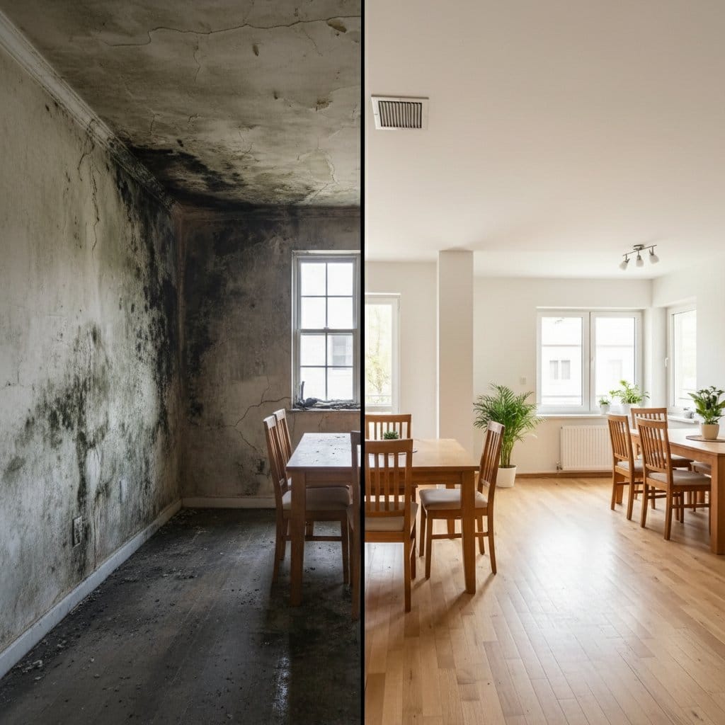 Before and after black mold removal in Hackensack bungalow dining room