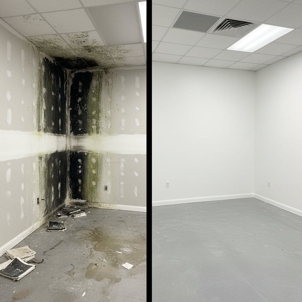 Before and after attic & crawl space mold removal in Hackensack Cape Cod house storefront interior