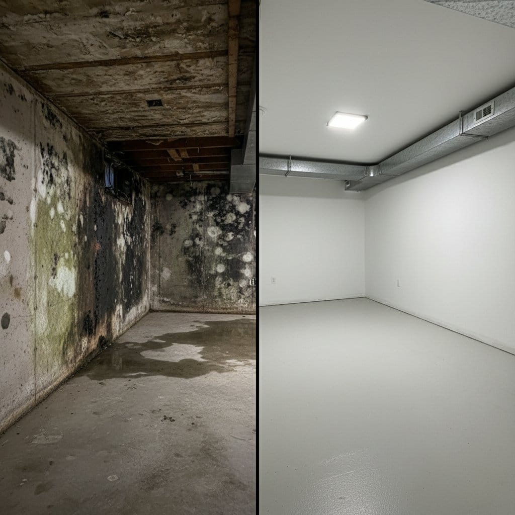 Basement & Foundation Mold Removal before and after in residential basement, Hackensack NJ
