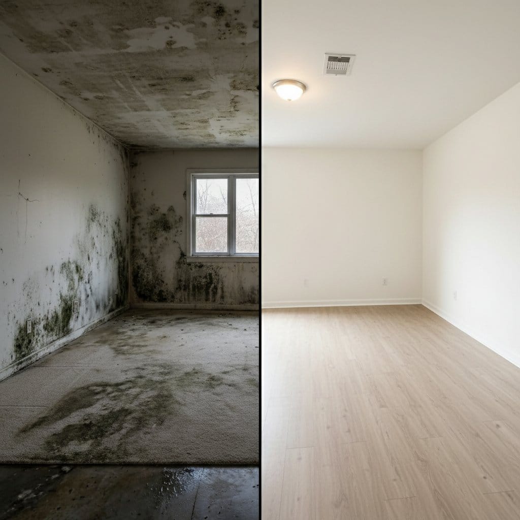 Bathroom & Kitchen Mold Removal before and after in living room, Hackensack NJ