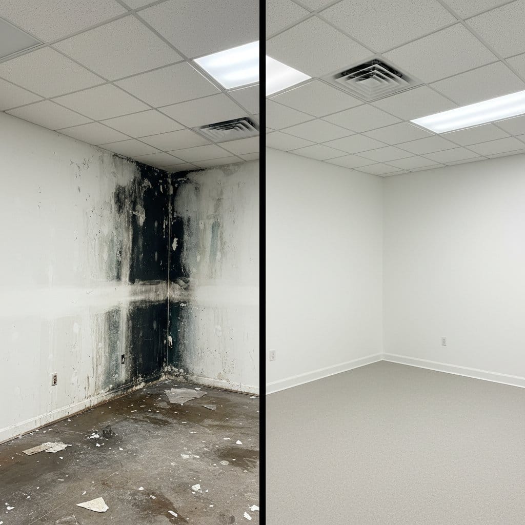 Before and after humidity & moisture control solution in Hackensack townhouse storefront interior