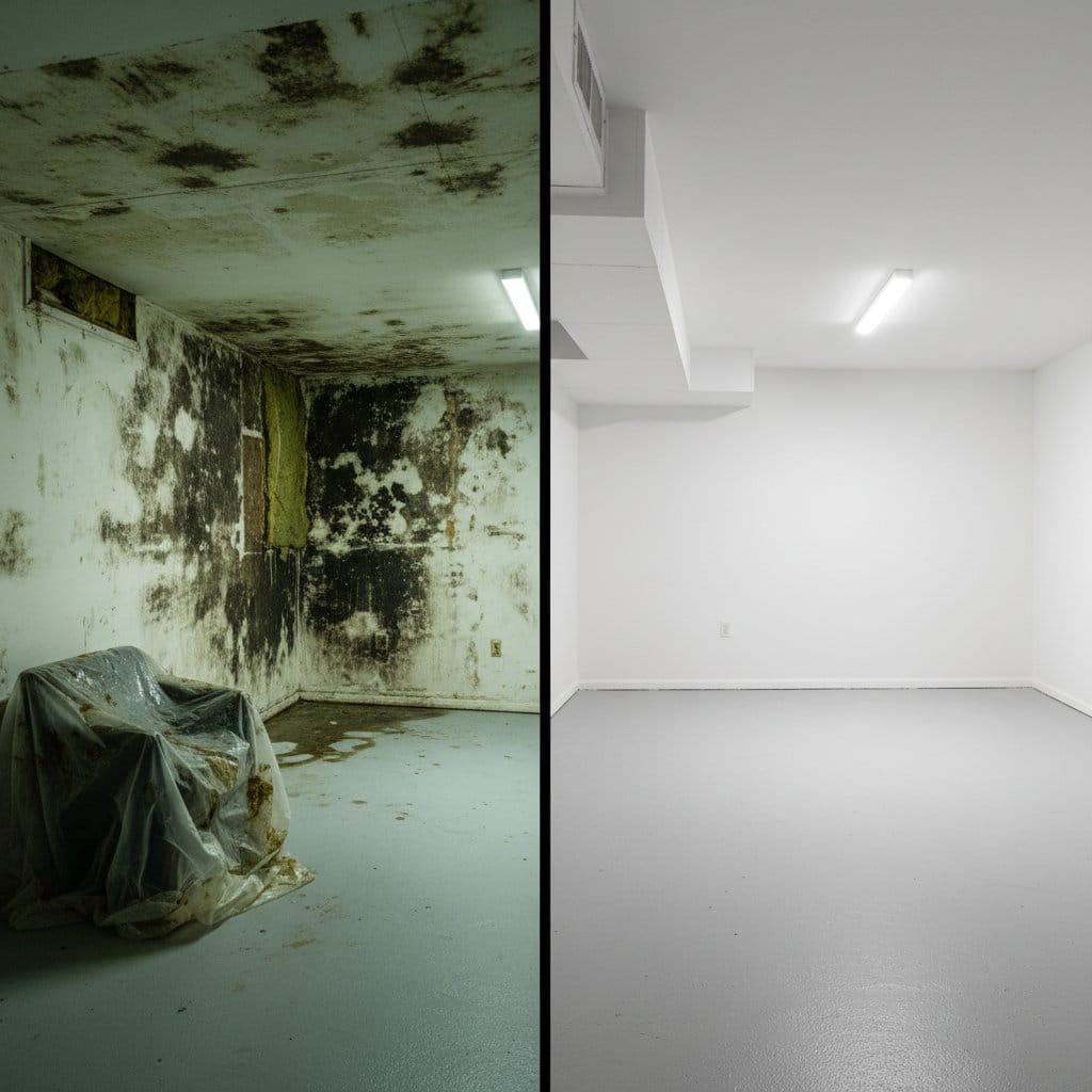 Hackensack Mold Removal residential basement restoration before and after in Hackensack