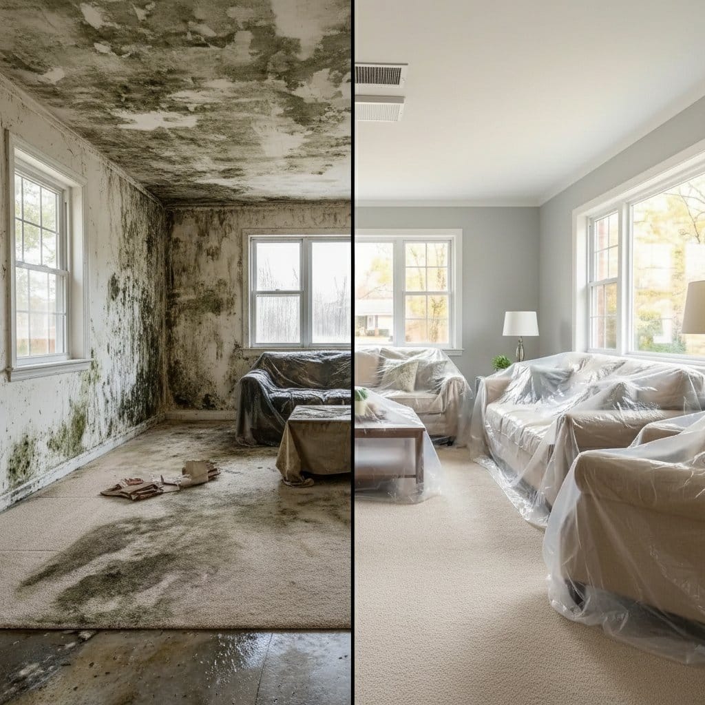 Hackensack Mold Removal living room restoration before and after in Hackensack