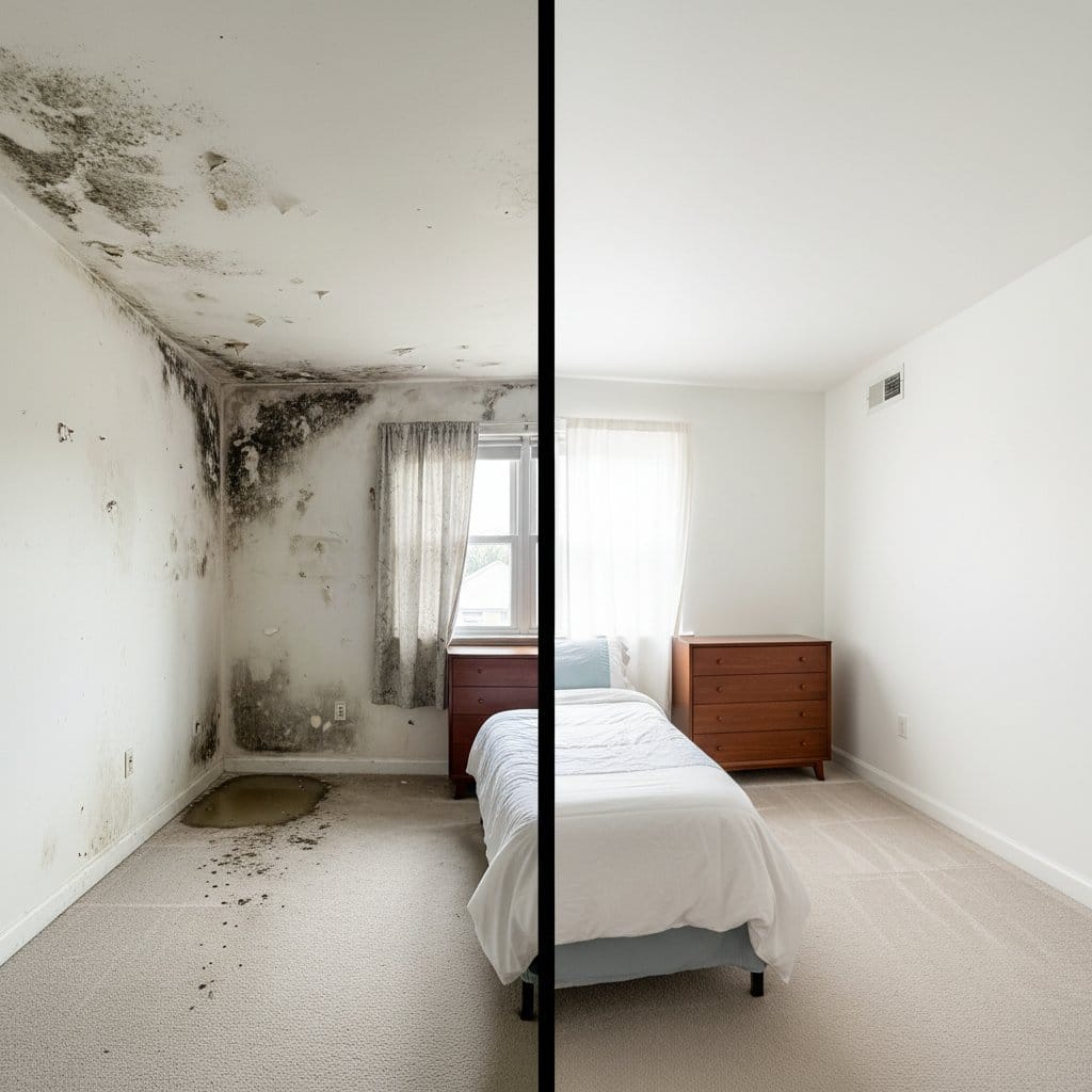 Hackensack Mold Removal bedroom restoration before and after in Hackensack